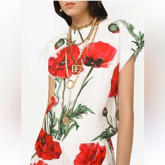 New Dolce& Gabbana Cap-Sleeve Poppy-Print Top Size IT 36 XS - Picture 1 of 13